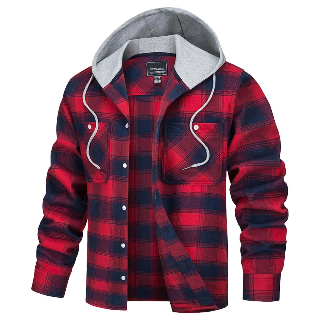 Men's Hooded Shirts Long Sleeve Casual Buffalo Plaid Button