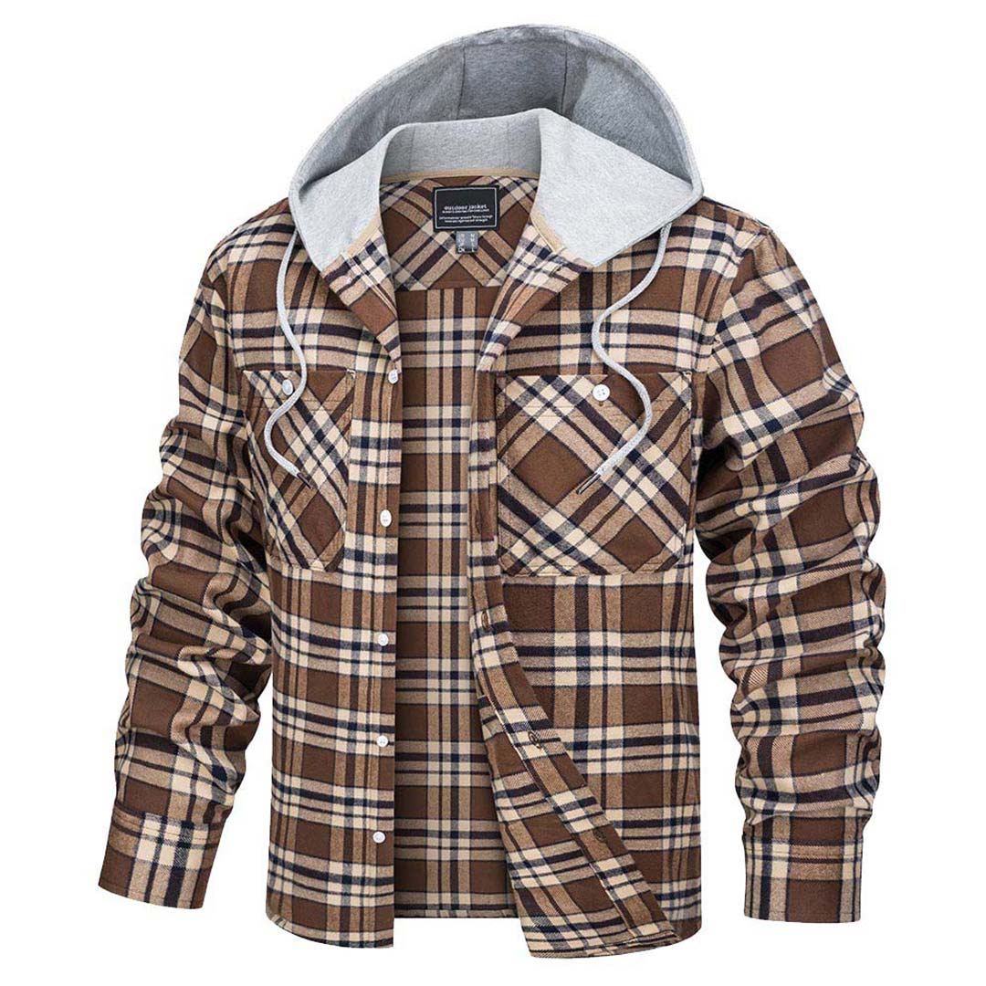 Men's Hooded Shirts Long Sleeve Casual Buffalo Plaid Button