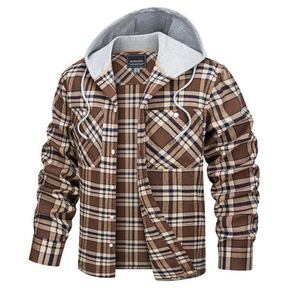Men's Hooded Shirts Long Sleeve Casual Buffalo Plaid Button
