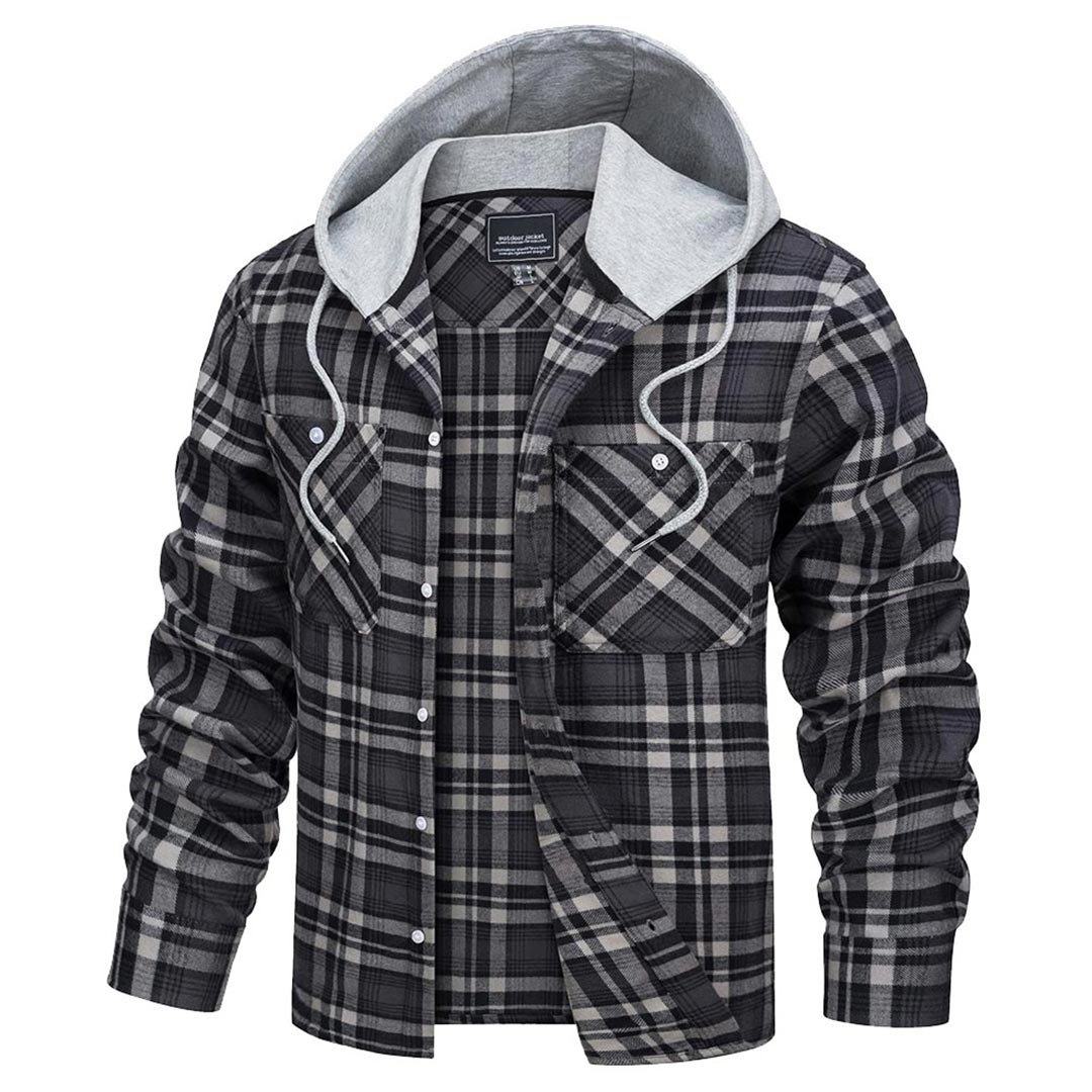 Men's Hooded Shirts Long Sleeve Casual Buffalo Plaid Button