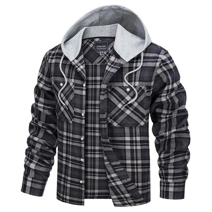 Men's Hooded Shirts Long Sleeve Casual Buffalo Plaid Button