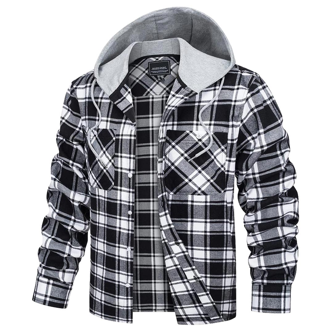 Men's Hooded Shirts Long Sleeve Casual Buffalo Plaid Button