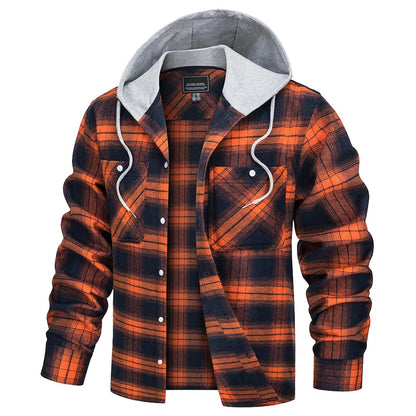 Men's Hooded Shirts Long Sleeve Casual Buffalo Plaid Button