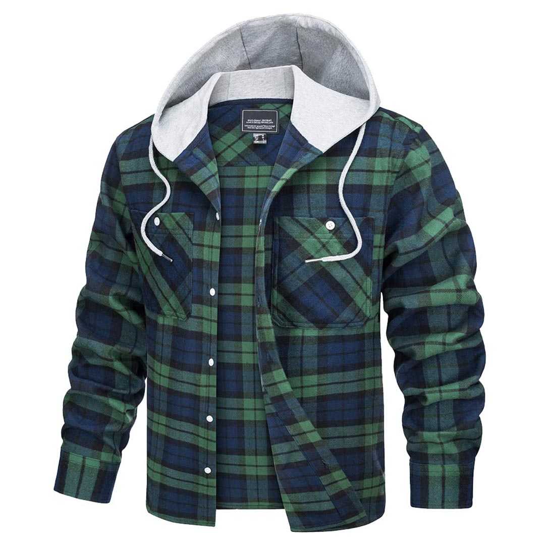 Men's Hooded Shirts Long Sleeve Casual Buffalo Plaid Button