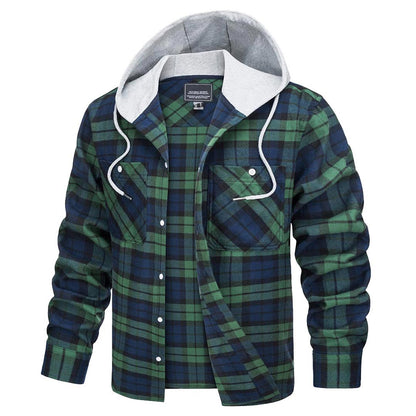 Men's Hooded Shirts Long Sleeve Casual Buffalo Plaid Button