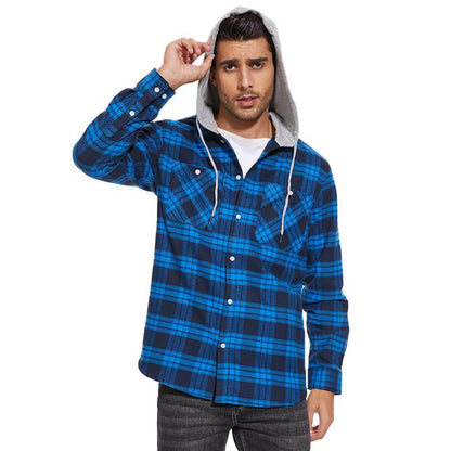 Men's Hooded Shirts Long Sleeve Casual Buffalo Plaid Button