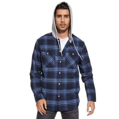 Men's Hooded Shirts Long Sleeve Casual Buffalo Plaid Button