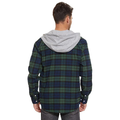 Men's Hooded Shirts Long Sleeve Casual Buffalo Plaid Button