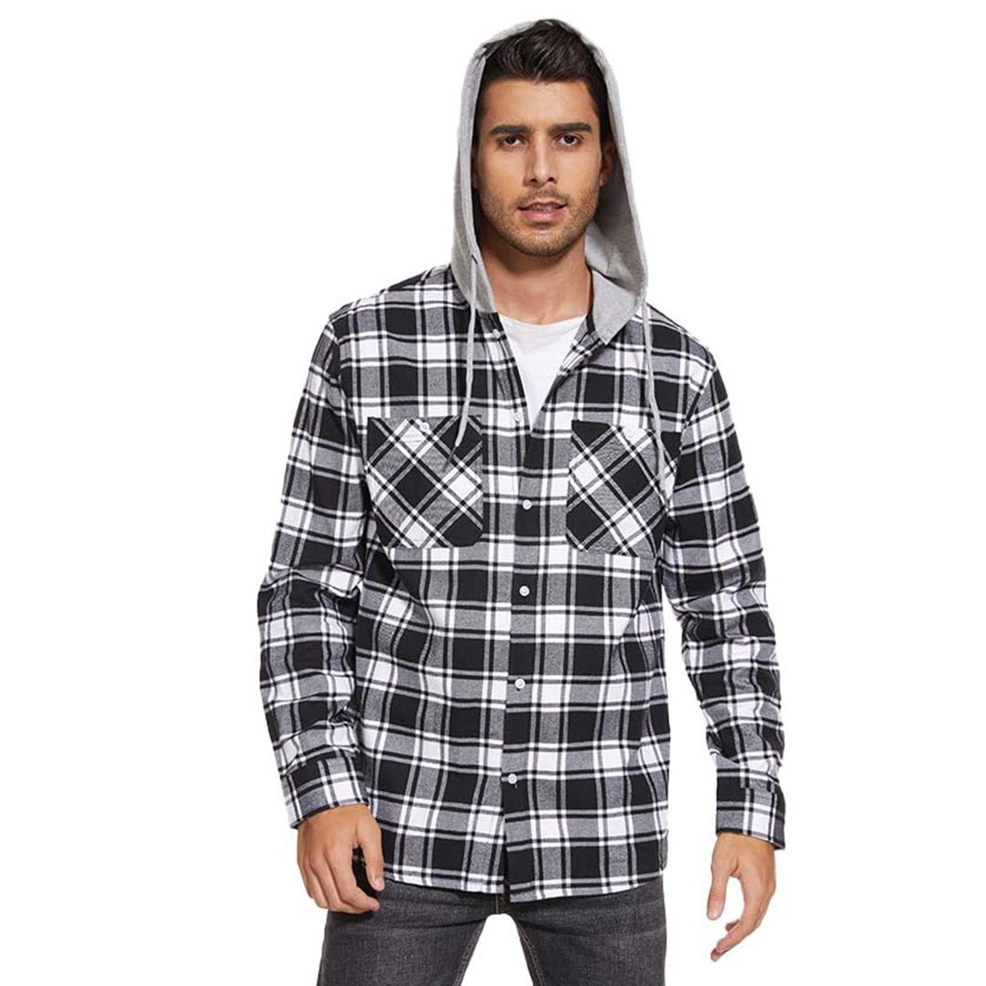 Men's Hooded Shirts Long Sleeve Casual Buffalo Plaid Button