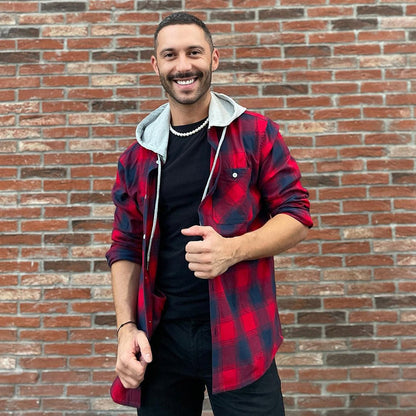 Men's Hooded Shirts Long Sleeve Casual Buffalo Plaid Button