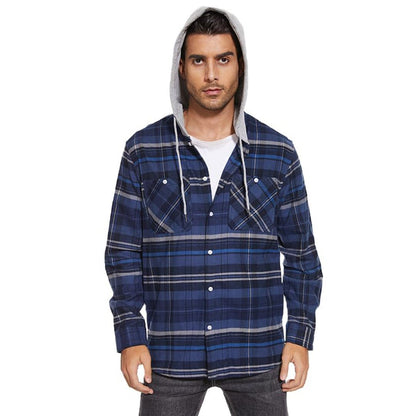 Men's Hooded Shirts Long Sleeve Casual Buffalo Plaid Button