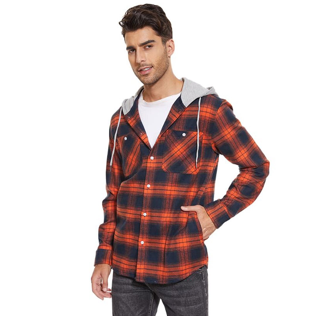 Men's Hooded Shirts Long Sleeve Casual Buffalo Plaid Button