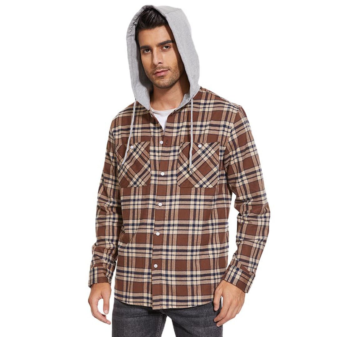 Men's Hooded Shirts Long Sleeve Casual Buffalo Plaid Button