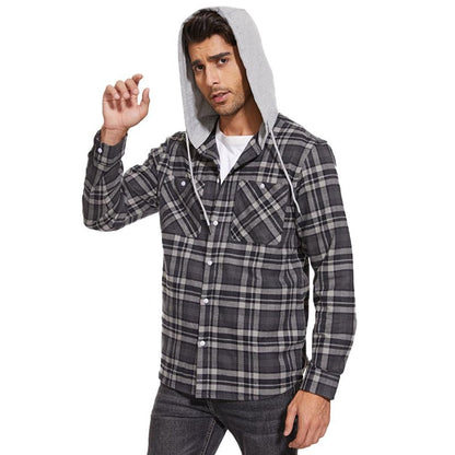 Men's Hooded Shirts Long Sleeve Casual Buffalo Plaid Button