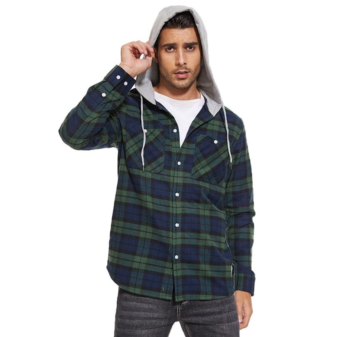 Men's Hooded Shirts Long Sleeve Casual Buffalo Plaid Button