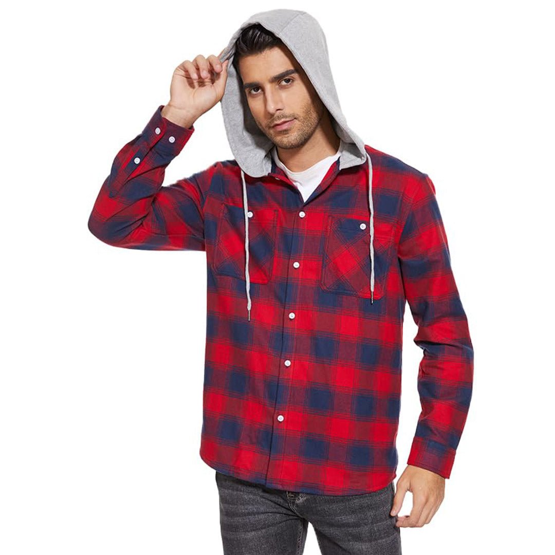 Men's Hooded Shirts Long Sleeve Casual Buffalo Plaid Button