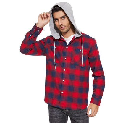 Men's Hooded Shirts Long Sleeve Casual Buffalo Plaid Button