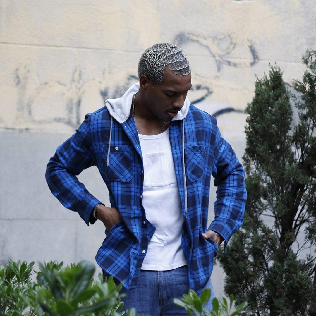 Men's Hooded Shirts Long Sleeve Casual Buffalo Plaid Button