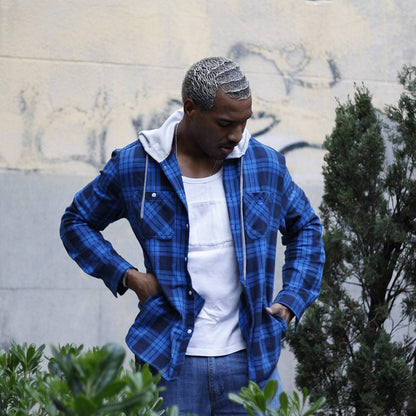 Men's Hooded Shirts Long Sleeve Casual Buffalo Plaid Button