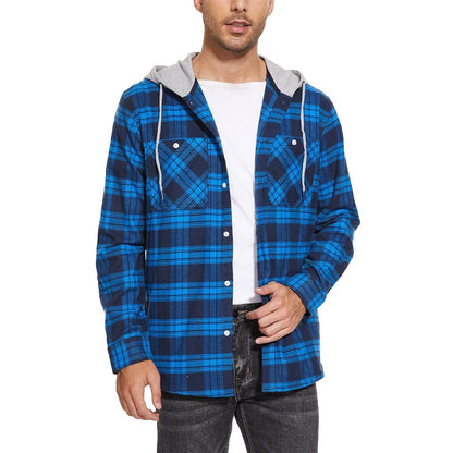 Men's Hooded Shirts Long Sleeve Casual Buffalo Plaid Button
