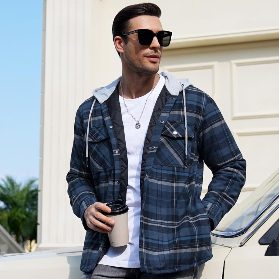 Men's Hooded Thick Plaid Flannel Long Sleeve Winter Cotton Coat with Pockets