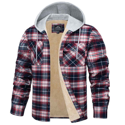 Men's Multiple Pockets Flannel Plaid Shirts Fleece Lining Jacket with Hood