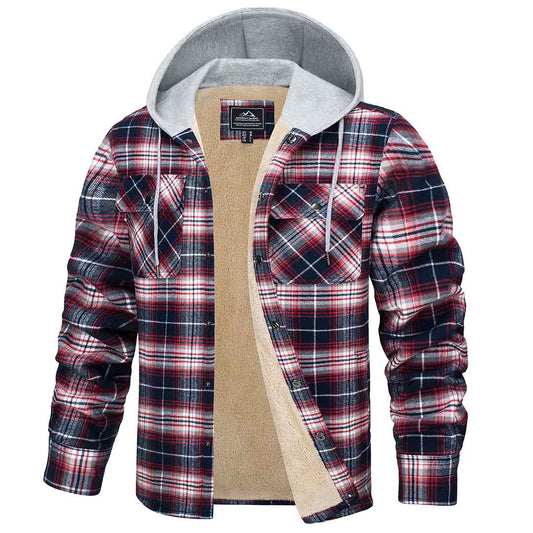 Men's Multiple Pockets Flannel Plaid Shirts Fleece Lining Jacket with Hood