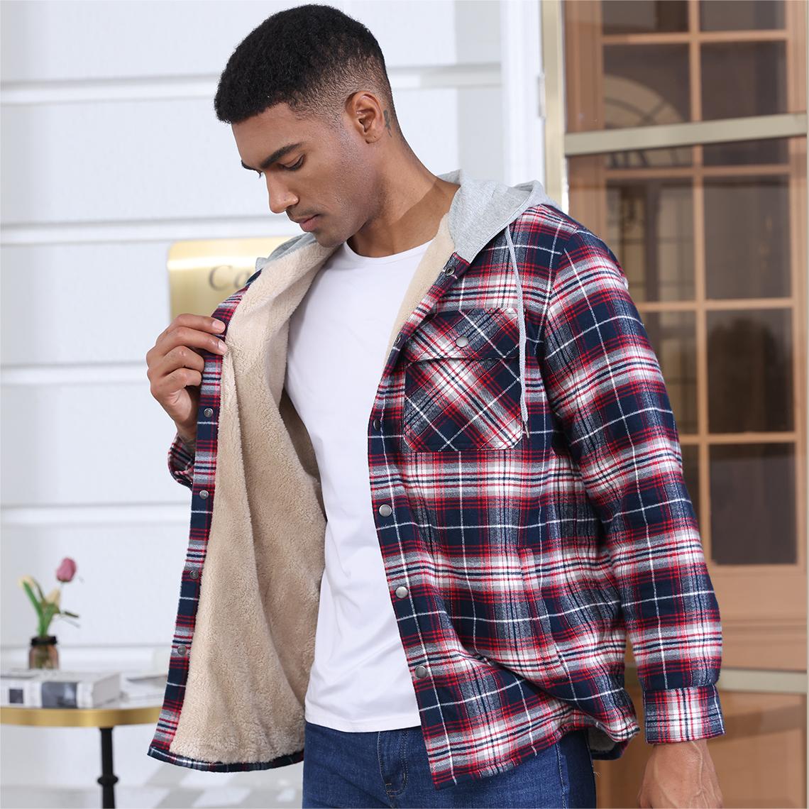 Men's Multiple Pockets Flannel Plaid Shirts Fleece Lining Jacket with Hood