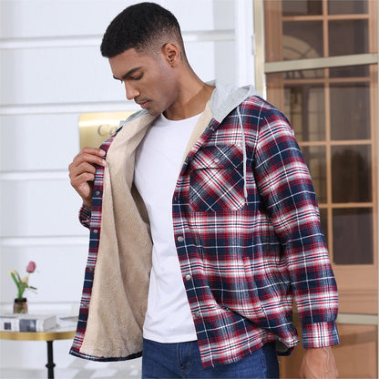Men's Multiple Pockets Flannel Plaid Shirts Fleece Lining Jacket with Hood