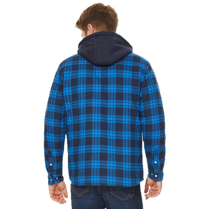 Men's Winter Thick Zip Plaid Flannel Shirts Detachable Hood Quilted
