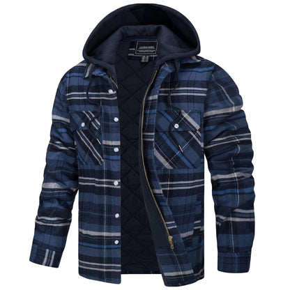 Men's Winter Thick Zip Plaid Flannel Shirts Detachable Hood Quilted