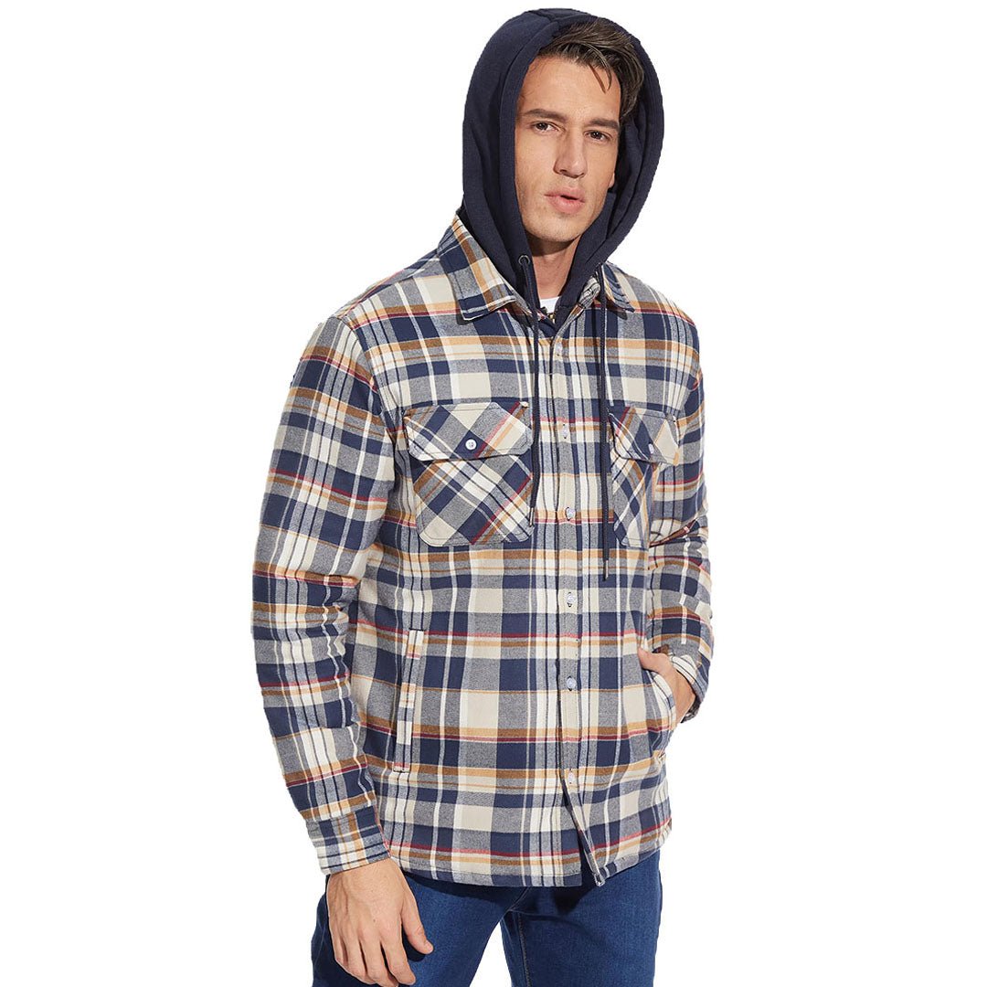 Men's Winter Thick Zip Plaid Flannel Shirts Detachable Hood Quilted