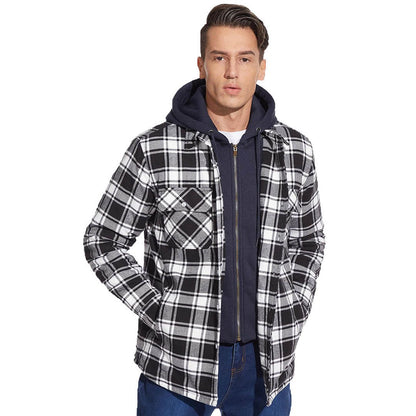 Men's Winter Thick Zip Plaid Flannel Shirts Detachable Hood Quilted