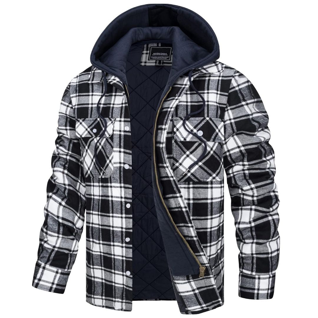 Men's Winter Thick Zip Plaid Flannel Shirts Detachable Hood Quilted