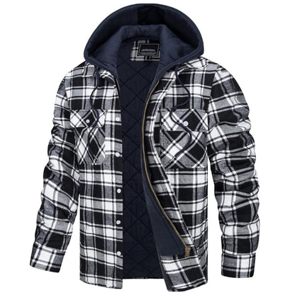 Men's Winter Thick Zip Plaid Flannel Shirts Detachable Hood Quilted