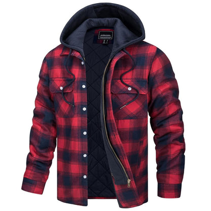 Men's Winter Thick Zip Plaid Flannel Shirts Detachable Hood Quilted