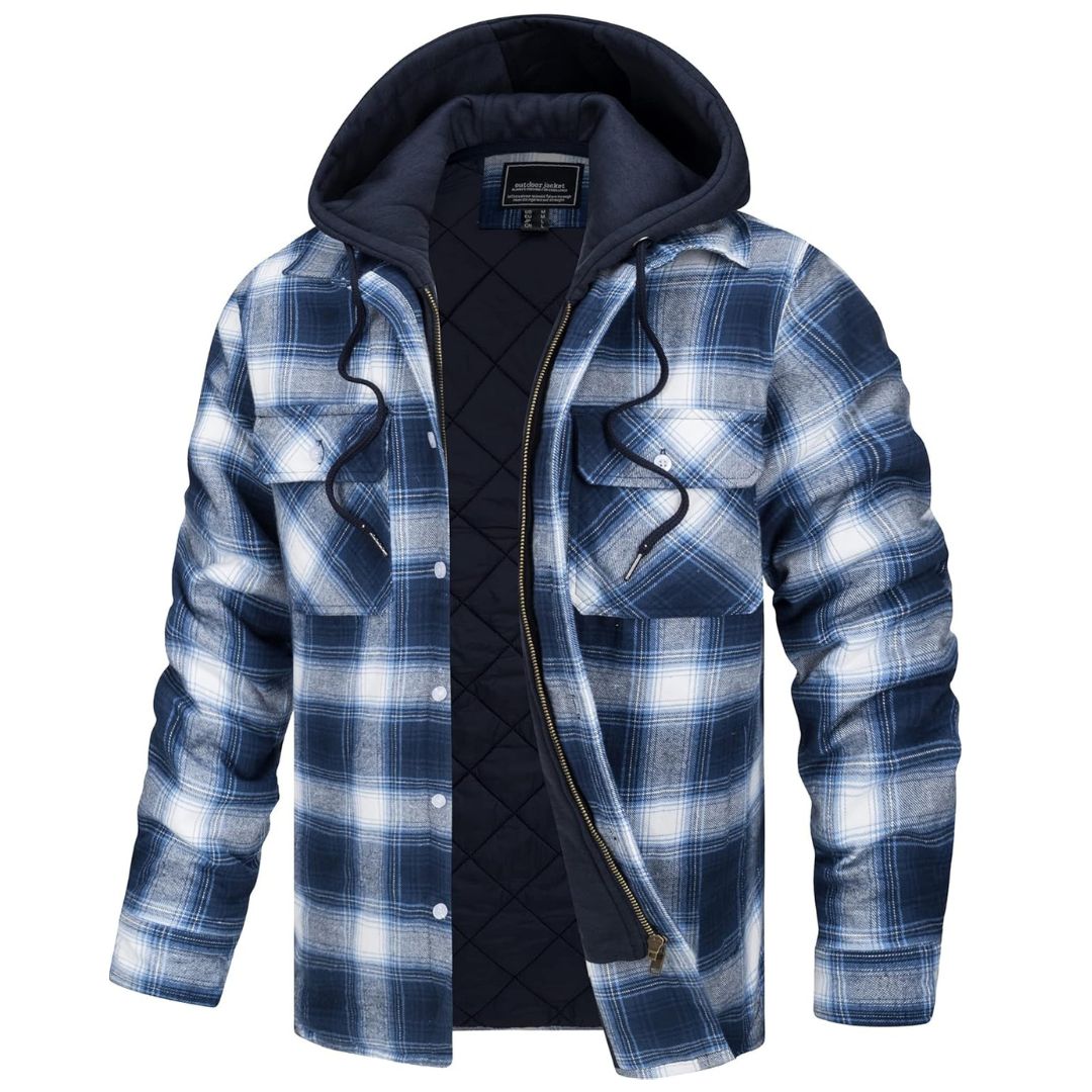 Men's Winter Thick Zip Plaid Flannel Shirts Detachable Hood Quilted