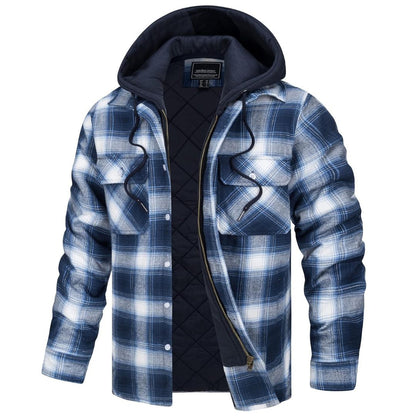 Men's Winter Thick Zip Plaid Flannel Shirts Detachable Hood Quilted